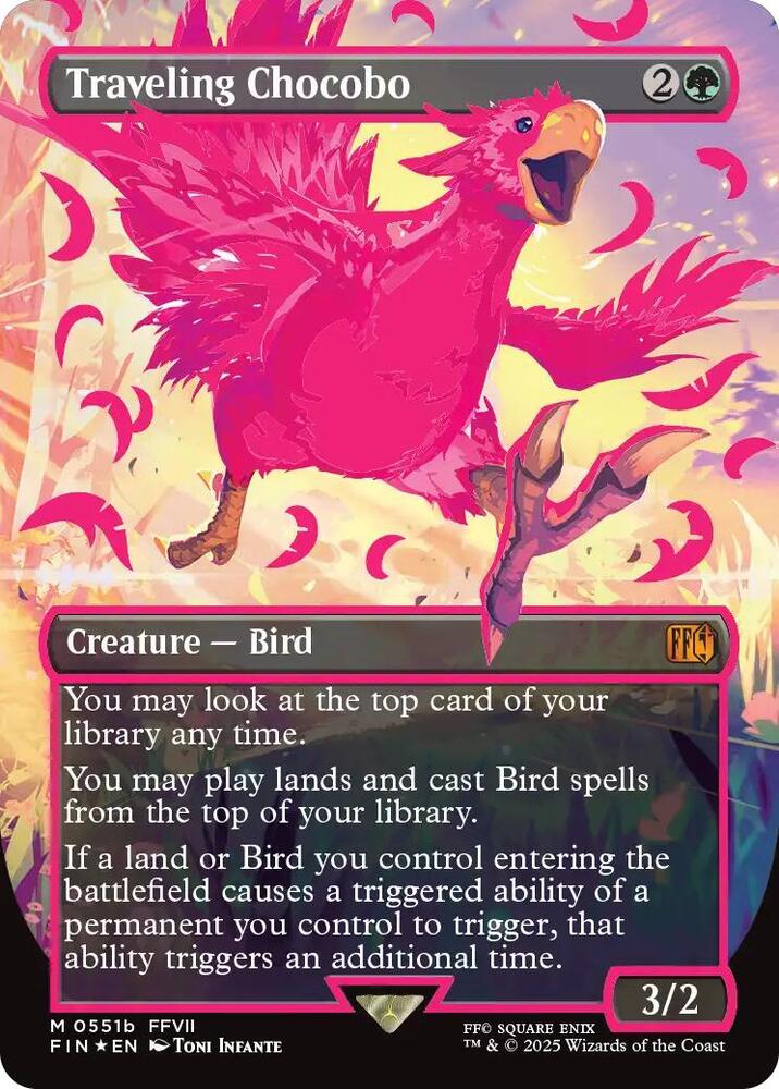 Traveling Chocobo (Borderless, Neon Ink Pink) trading card